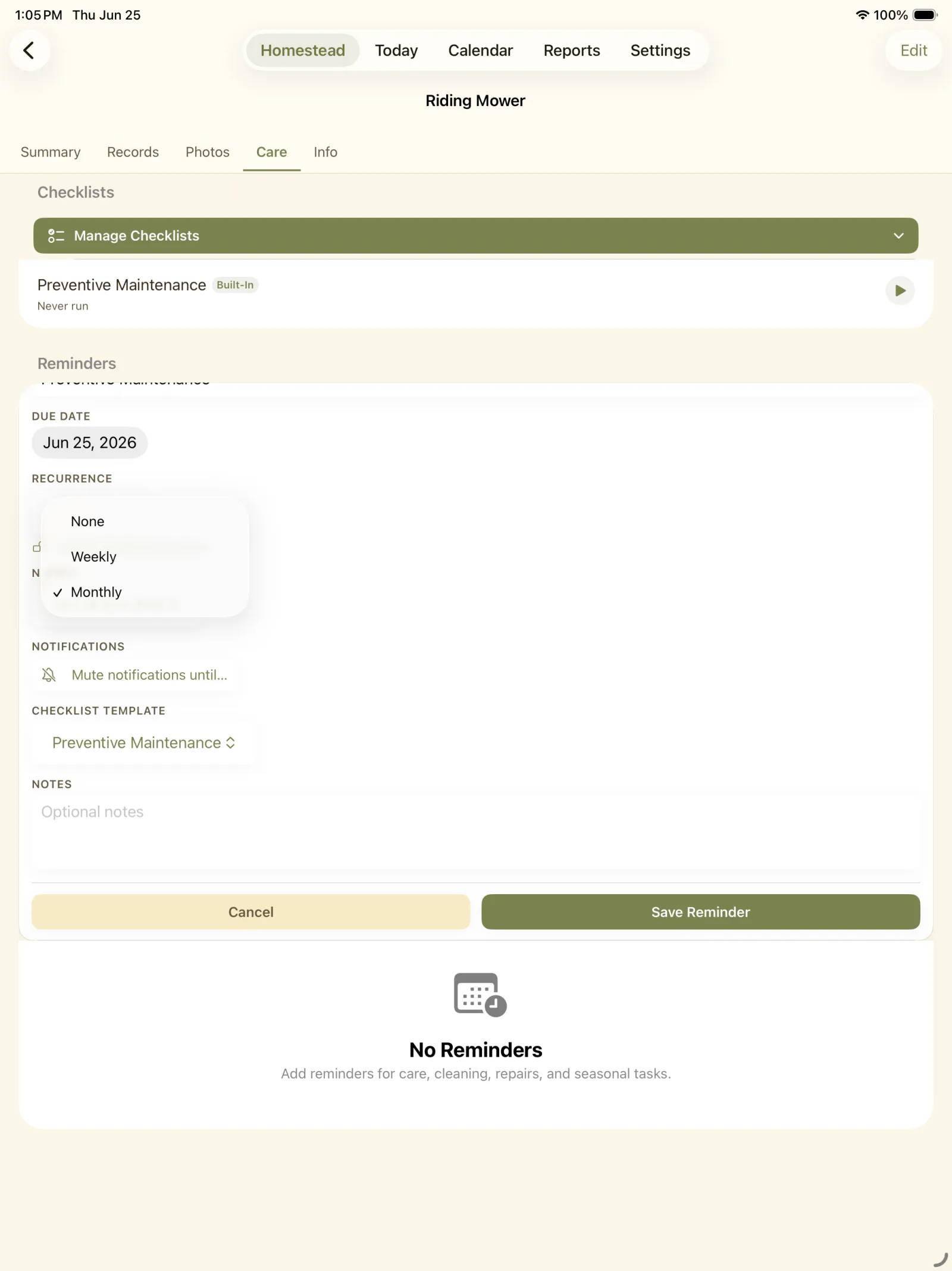 Reminder setup screen for equipment maintenance with repeat options.